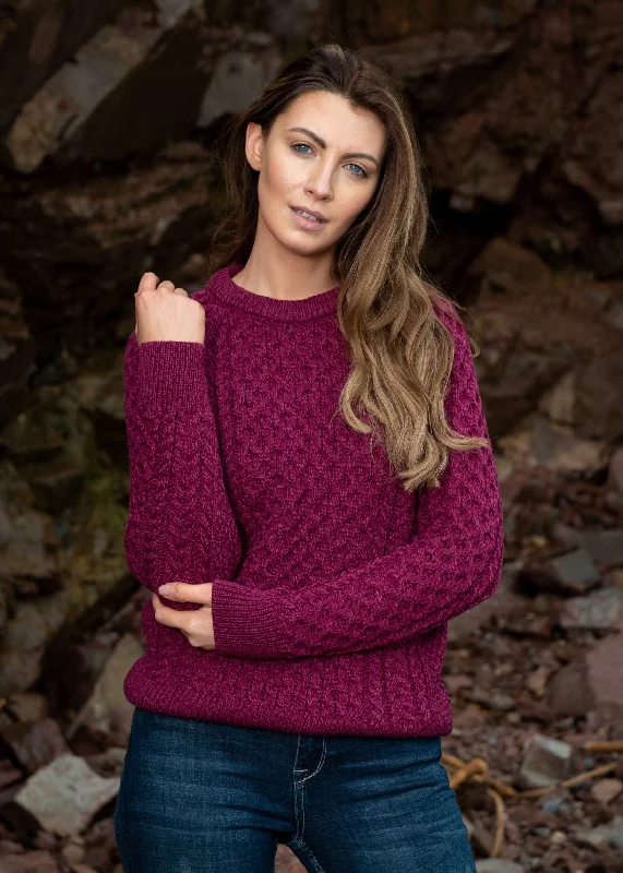 Ladies Slim-Fit Aran Sweater | Raspberry Striped Floral Plaid