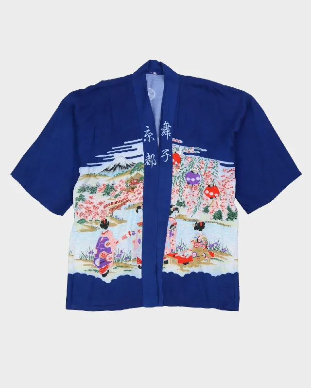 Blue Patterned Haori Jacket - L Trench Coat Raincoat Waterproof Jacket