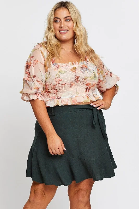 Green High Waist Linen Blend Belted Skirt seamless skirt comfort