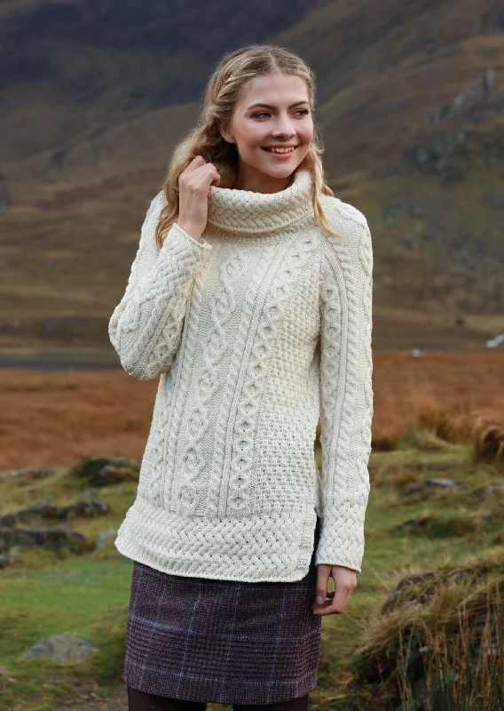 Belcare Ladies Aran Roll Neck Sweater | Natural Beaded Sweater Sequined Faux Fur