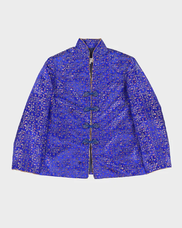 Blue With Gold Brocade Cheongsam Style Jacket - M Satin Jacket Silk Jacket Chiffon Jacket