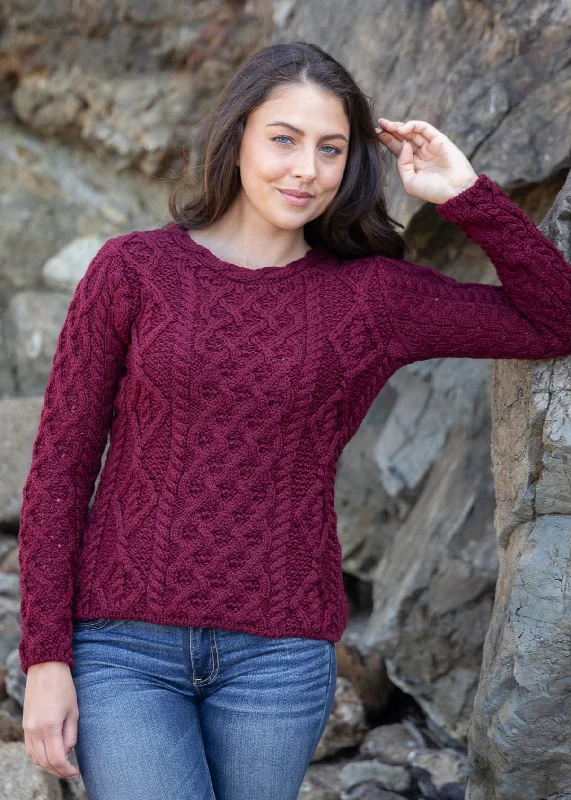 IrelandsEye Lambay Aran Sweater | Claret Collared Crew Neck Turtle Neck