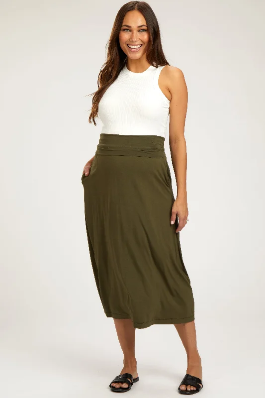 Olive Fold-Over Maternity Maxi Skirt denim skirt trendy