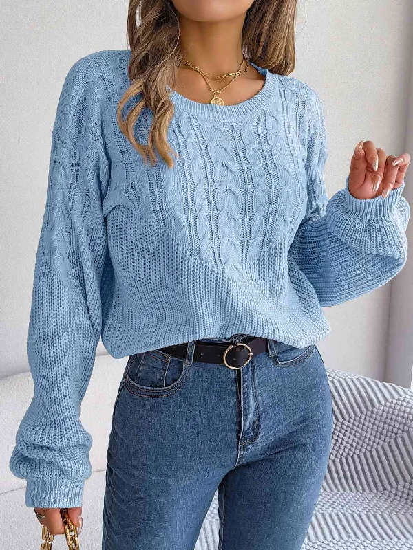 Cable-Knit Round Neck Drop Shoulder Sweater Zippered Front Buttoned Front Snap Front
