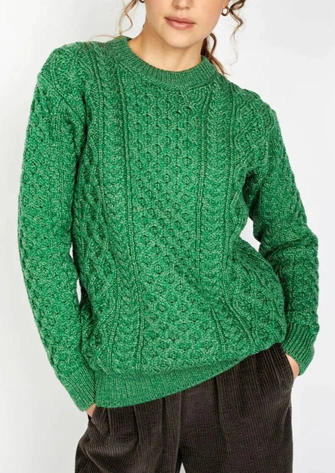 IrelandsEye Women's Aran Sweater | Green Marl Denim Fabric Leather Fabric Suede Fabric
