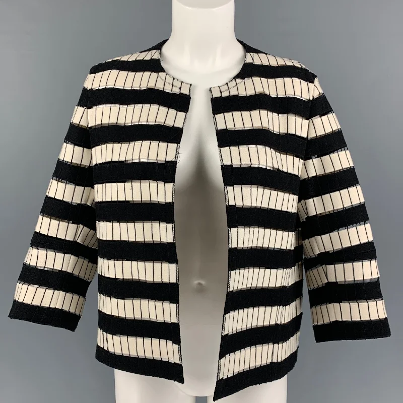 AKRIS Size 6 Black White Wool Blend Stripe Cutout Jacket Belted Jacket Elasticated Jacket Padded Jacket