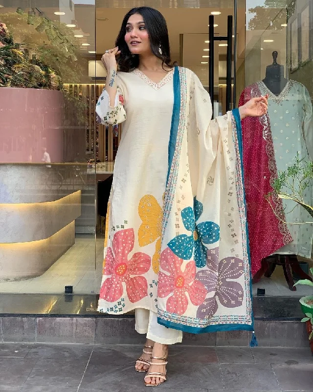 White Attractive Looking Readymade Pant Suit With Designer Printed Embroidery Work Classic Pleated Pants White Attractive Looking Readymade Pant Suit With Designer Printed Embroidery Work Classic Pleated Pants
