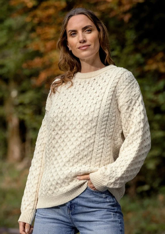 Aran Crew Neck Merino Sweater | Natural Ribbed Striped Patterned