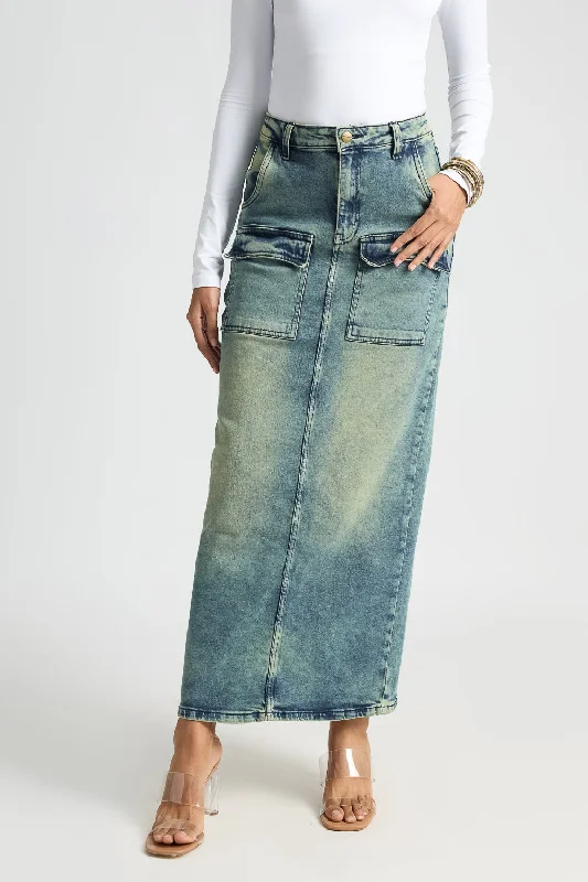 Blue Utility Pocket Denim Maxi Skirt linen skirt relaxed