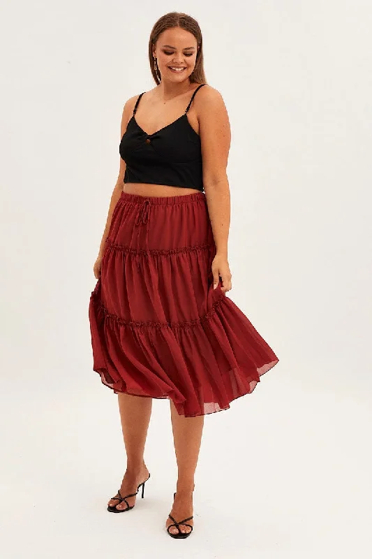 Brown Midi Skirt Elastic Waist Chiffon Frill velvet skirt plush