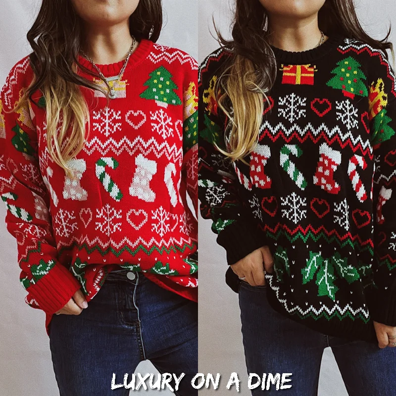 Festive Knit Santa Candy Canes Trees Round Neck Holiday Sweater Top Neon Metallic Matte Festive Knit Santa Candy Canes Trees Round Neck Holiday Sweater Top Neon Metallic Matte