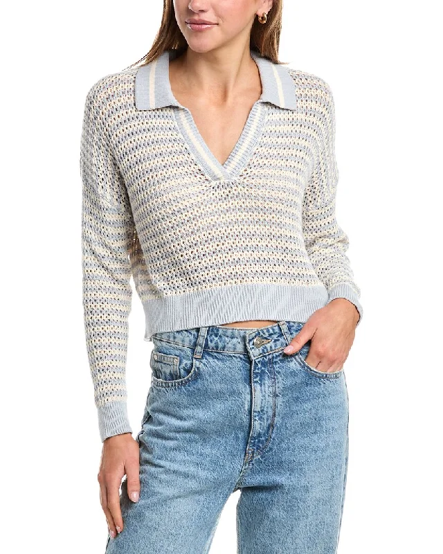 525 America Open Knit Polo Sweater Real Fur Shearling Chenille