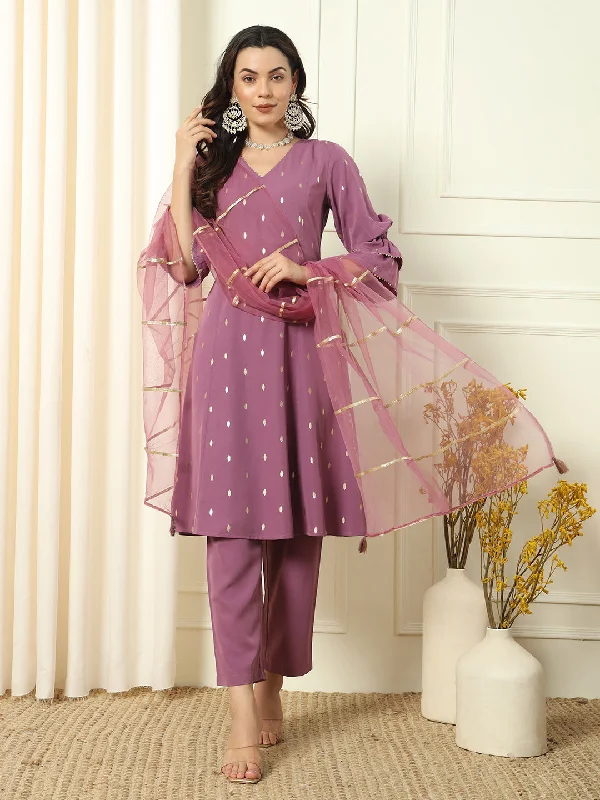 Lavender Designer Readymade Pant Suit Embroidery Work Classic Cropped Pants