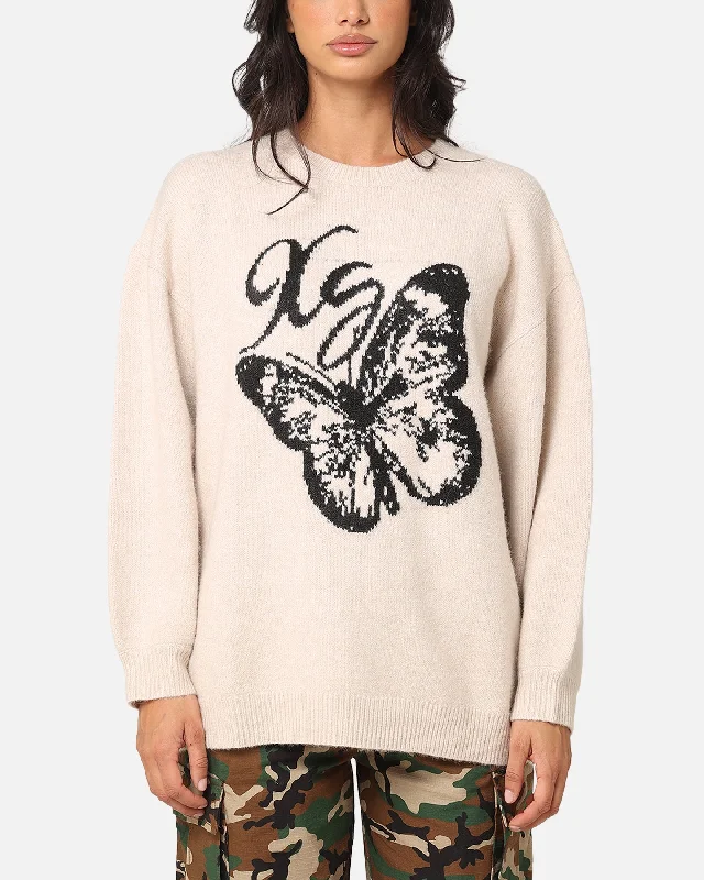 X-Girl Women's XG Butterfly Oversized Knit Sweater Vanilla Solid Print Embellished