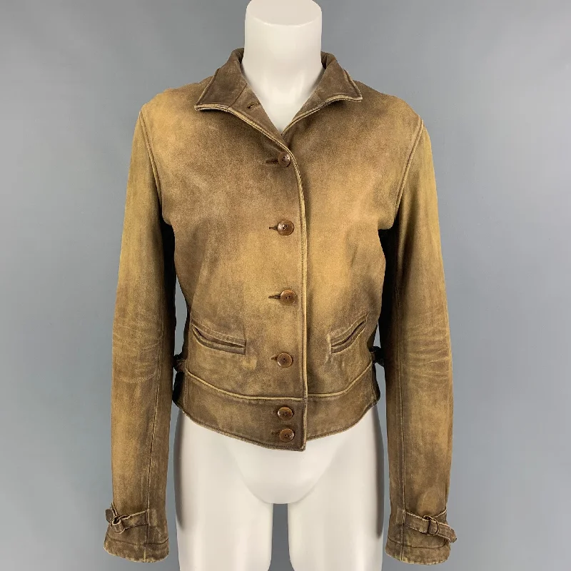 RALPH LAUREN Size M Tan Leather Distressed Cropped Jacket Plaid Jacket Tartan Jacket Houndstooth Jacket RALPH LAUREN Size M Tan Leather Distressed Cropped Jacket Plaid Jacket Tartan Jacket Houndstooth Jacket