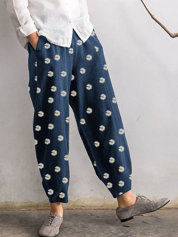 Daisy Floral Print Elastic Waist Casual Harem Pants Fashionable Sporty Pants