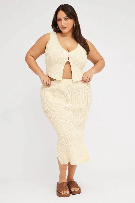 Beige Textured Knit Midi Skirt corduroy skirt durable