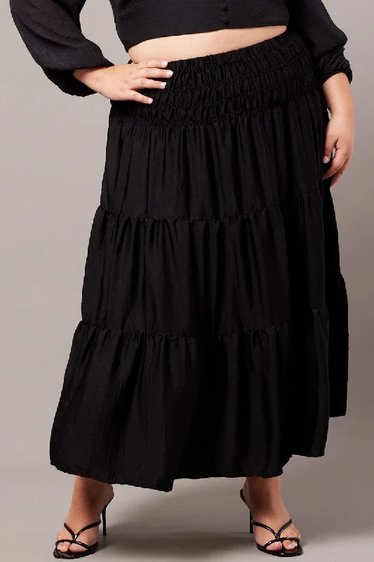 Black Shirred Waist Maxi Skirt tiered skirt playful