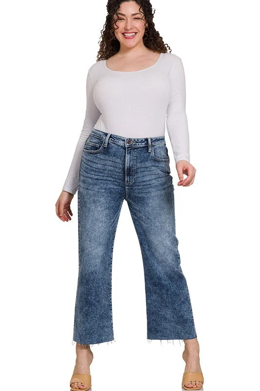 Plus Size Raw Hem Cropped Denim Pants Classic Straight-Leg Pants