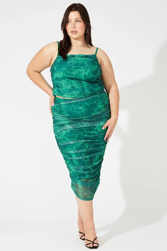 Green Abstract Mesh Ruched Tie Dye Midi Skirt high waist skirt