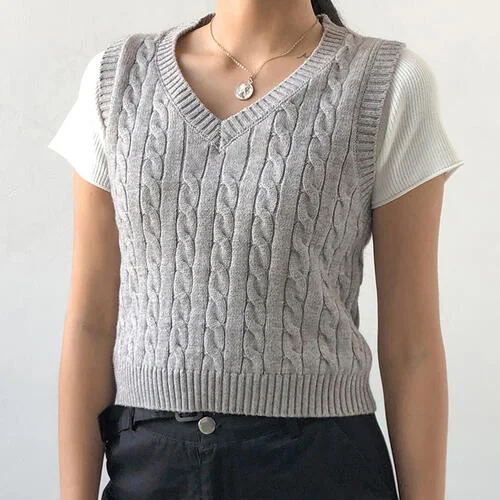 Cable-knit V-Neck Sweater Vest Tailored Straight A-Line