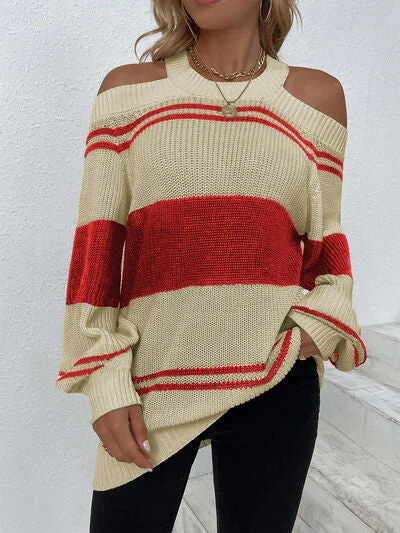 Color Block Striped Cold Shoulder Sweater Stretchy Elastic Breathable