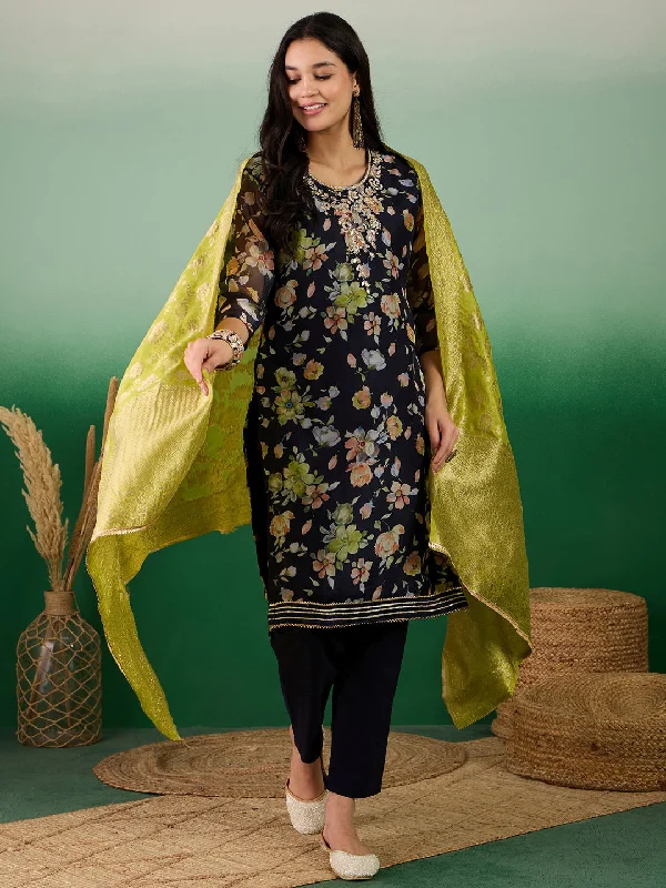 Black Designer Readymade Pant Suit With Printed Hand Work Formal Wide-Leg Pants