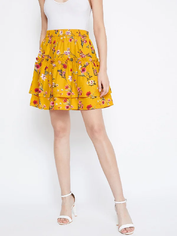 Berrylush Women Yellow Floral Print Layered Slip-On Mini Skirt lace skirt delicate