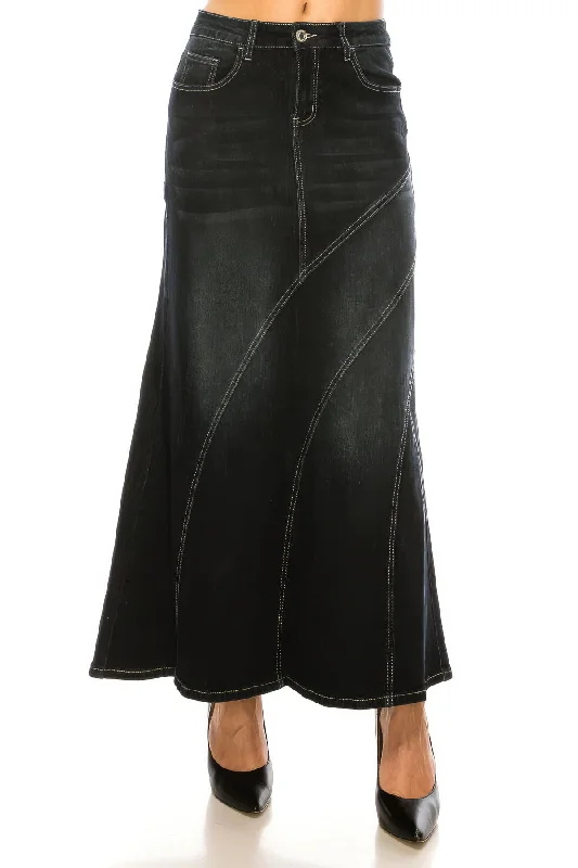 Stretch Denim Long A-Line Skirt (89140-SKT) wool skirt warm