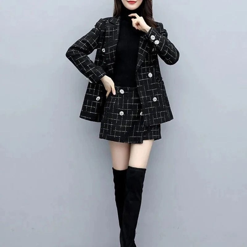 Houndstooth Plaid Coat and Shorts Set for Women, Wool Blazer, Loose Jacket, Vintage Suit , Autumn, Winter, New, 2 Pcs Set, 2023 Cotton Jacket Linen Jacket Terry Jacket