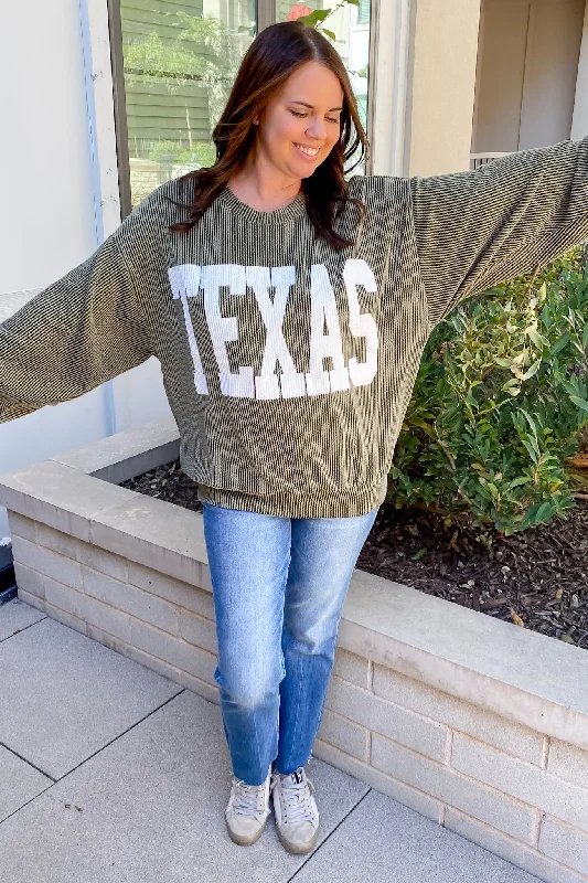 Texas Corduroy Graphic Olive Sweater Open Front Closed Front Wrap Front