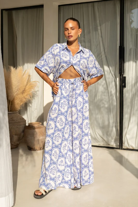 Delilah Blue Floral Wide Leg Pants High-Waist Jogger Pants