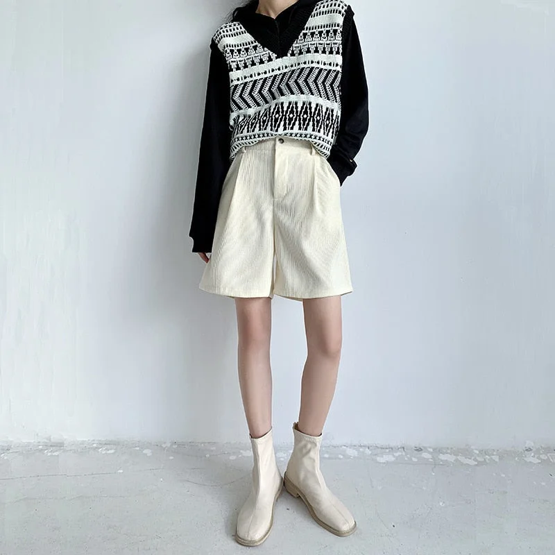 21Autumn Winter White Shorts Korean Elastic Waist Corduroy Shorts Over Size Wide-leg Short Black High Waist Casual Pants Casual Sweatpants Style