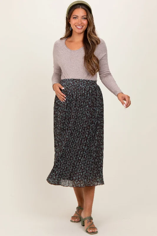 Brown Floral Print Chiffon Pleated Maternity Midi Skirt linen skirt natural