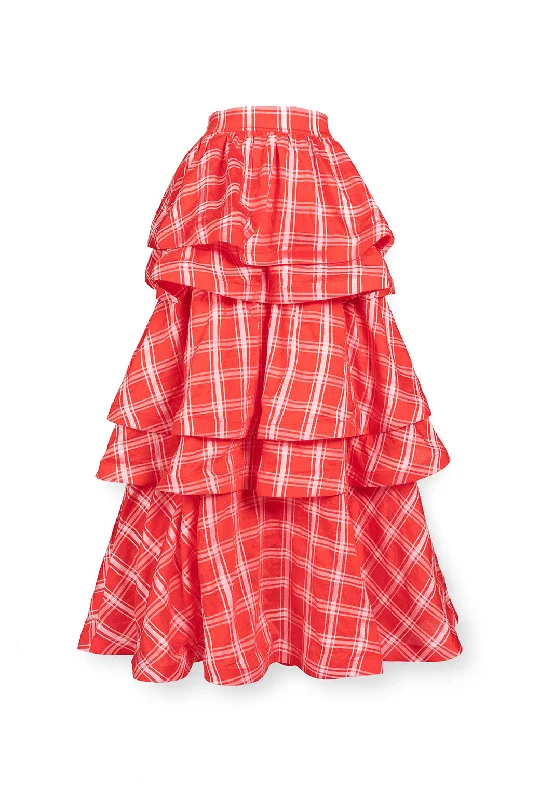 Teagan Tiered Skirt - Red Plaid linen skirt natural