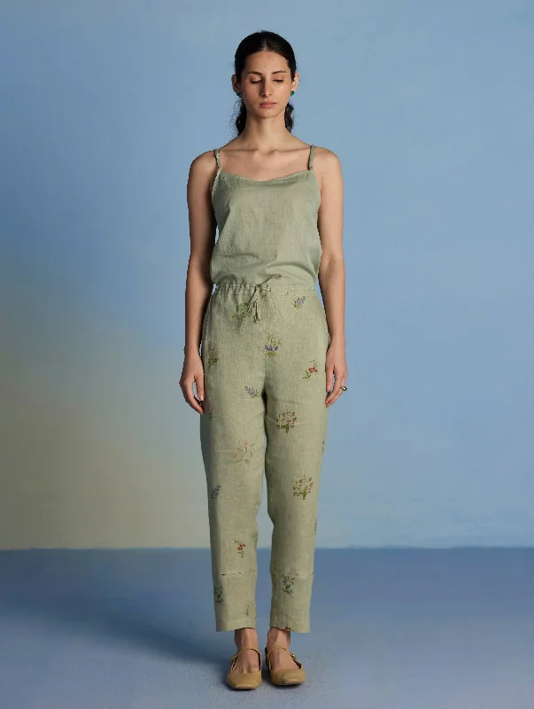 Nama Floral Linen Pant - Mint Relaxed High-Waist Trousers
