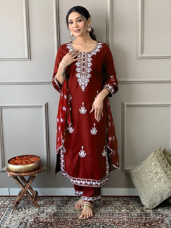 Red Trendy Designer Readymade Pant Suit With Embroidery Work Trendy Palazzo Pants