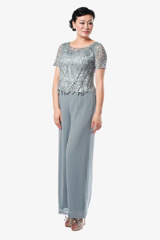Soulmates C80603 Silk Beaded Short Sleeve Top With Pants Set Cozy Fitted Pants