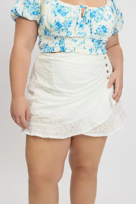 White Eyelet Cotton Lace Button Mini Skirt summer skirt style