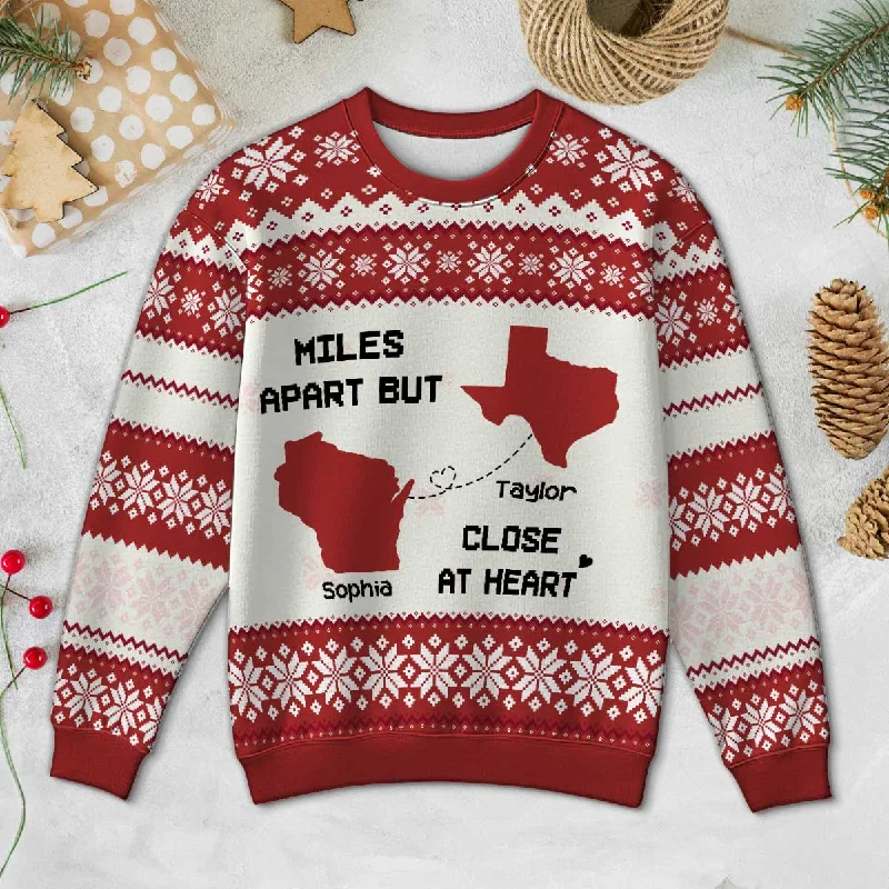 Long Distance State Map Funny Gift For Couple, Family & Friends Personalized Faux Knitting Ugly Sweater Front Pockets Side Pockets Patch Pockets