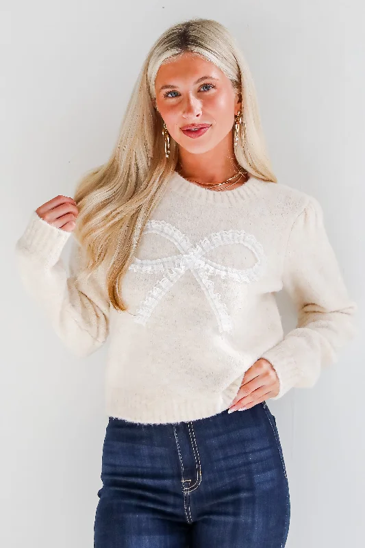 FINAL SALE - Constantly A Cutie Cream Lace Bow Sweater Terry Terry Cloth Terry Knit