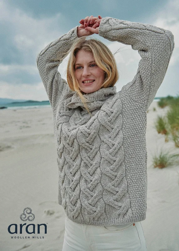 Aran Cowl Neck Chunky Sweater | Oatmeal Silk Blend Satin Velvet