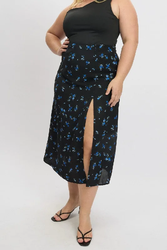 Blue Ditsy Lined Split Skirt relaxed fit skirt