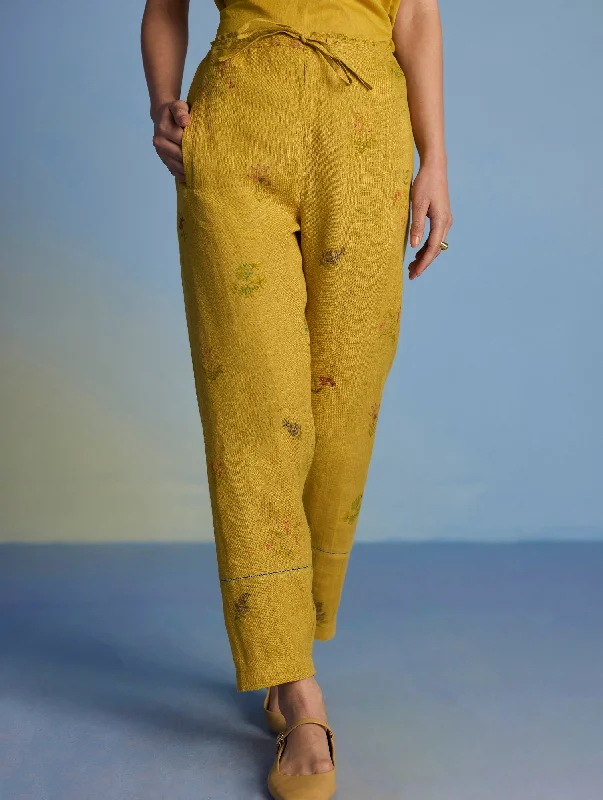 Nama Floral Linen Pant - Ochre Trendy Tapered Pants