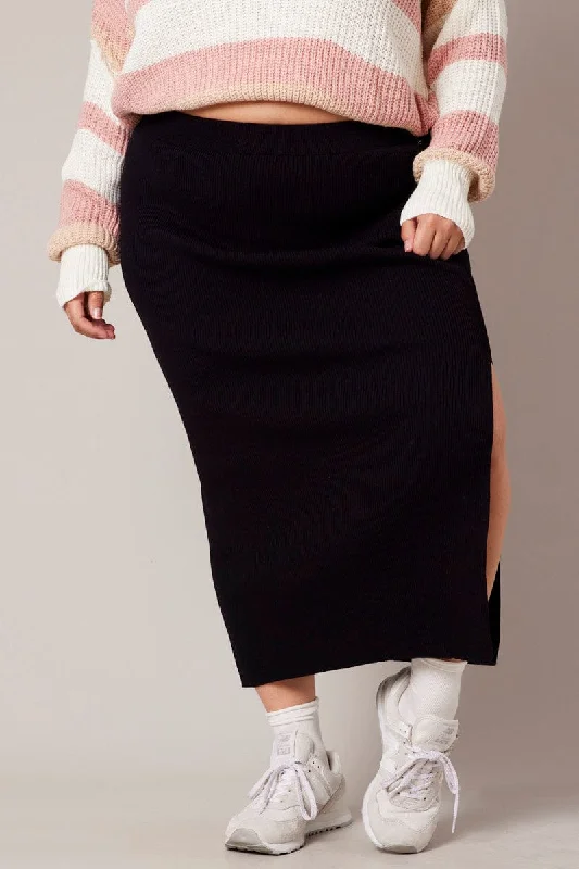 Black Rib Knit One Split Skirt linen skirt relaxed