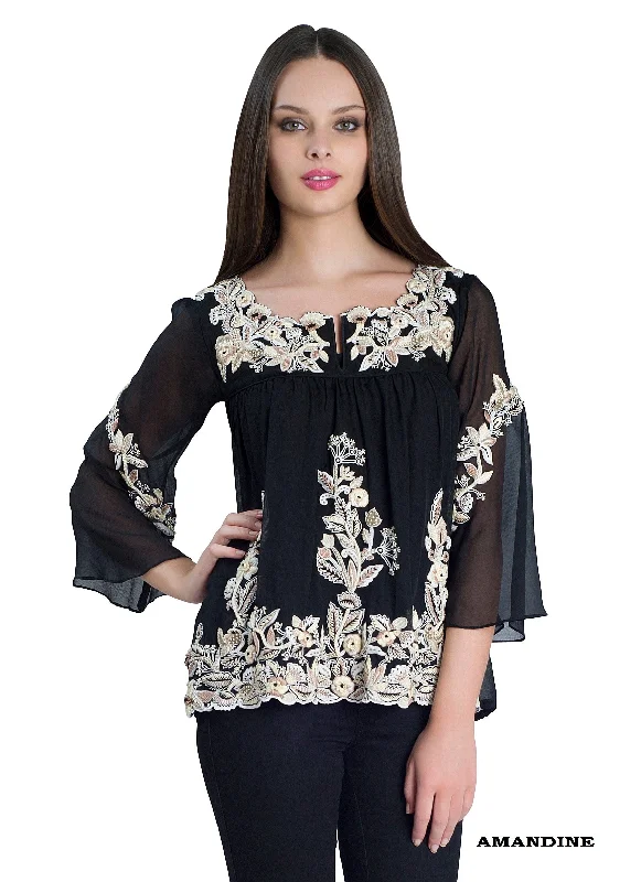 Leaves of Grass, New York Amandine hand embroidered chiffon top