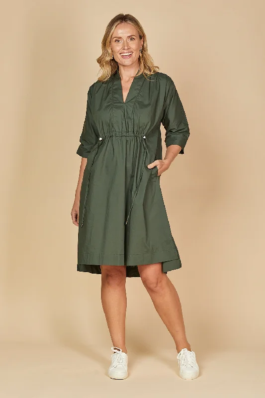 Finley Poplin Short Kaftan Dress in Bottle Green