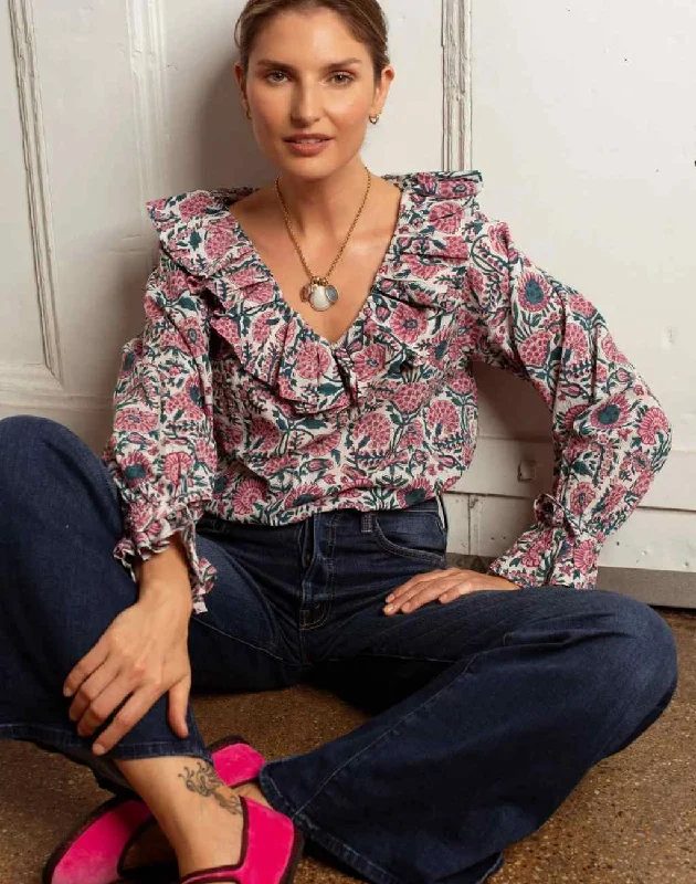 Una Blouse with Floral Blockprint | Ruffled V-Neck and Cuffs