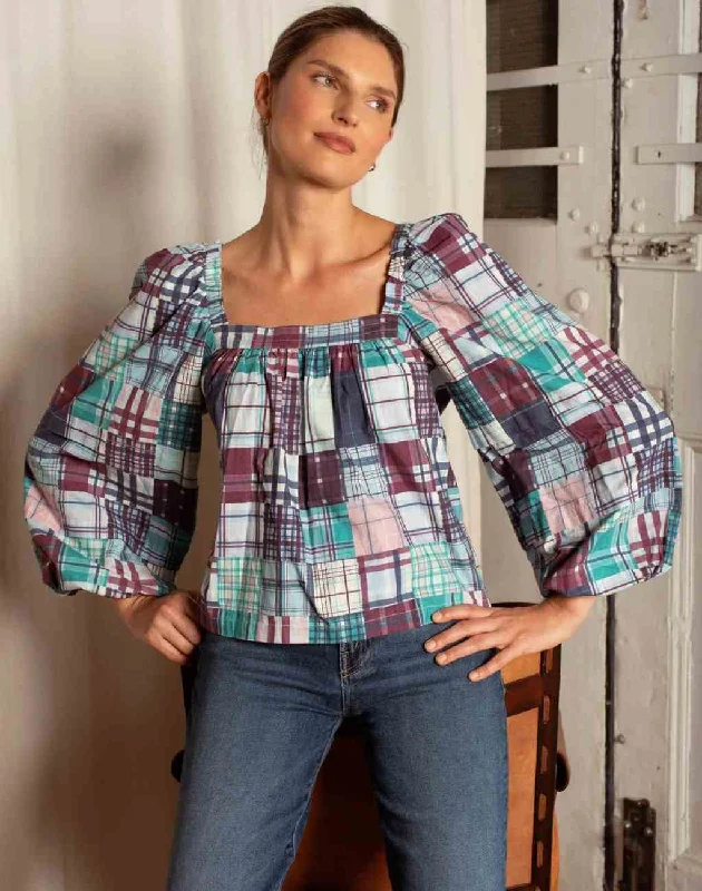 Martha Top in Plaid Patchwork with Oversized Puffed Sleeves