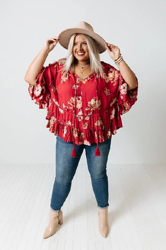 Floral Shift Top In Raspberry Curves Red Loose Blouse